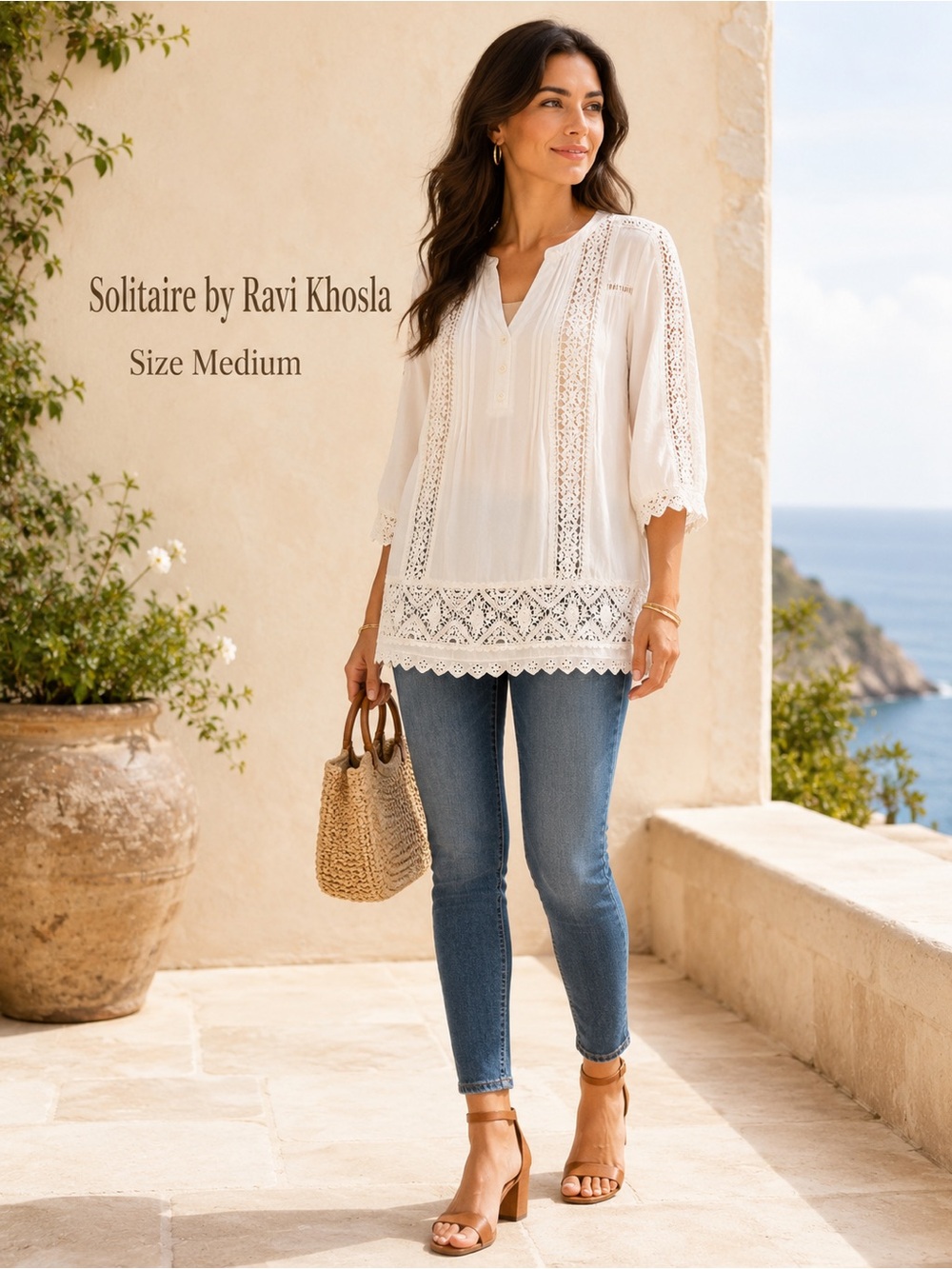 Solitaire Ravi Khosla White Crochet Lace Boho Tunic Blouse Medium